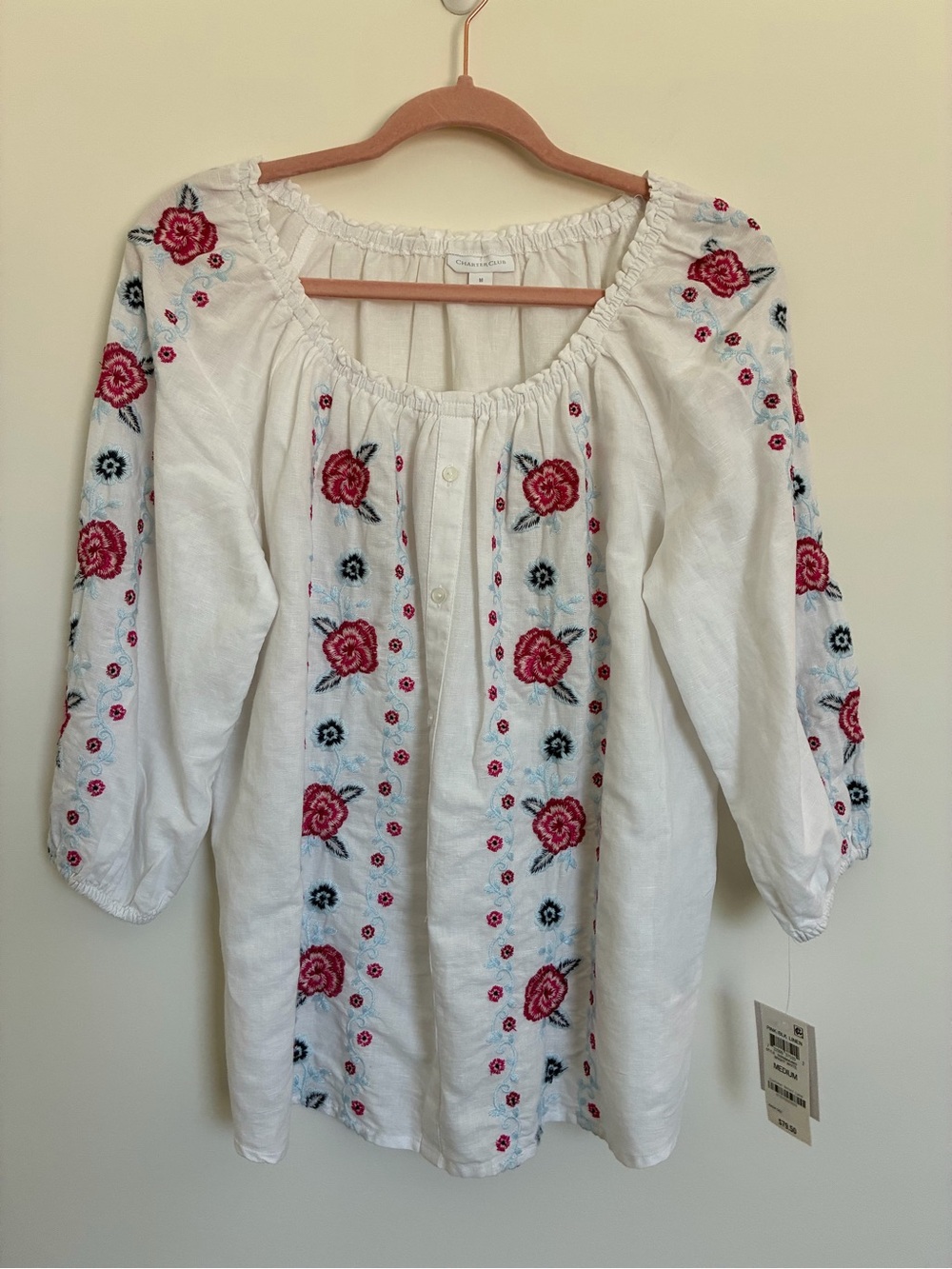 Charter Club White linen Peasant Top Pink Blue Floral Embroidery size medium